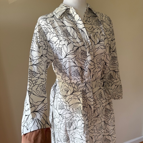 PASHMINA Women's Belted B&W Floral Print Midi Collared Button Down Dress - Picture 7 of 8